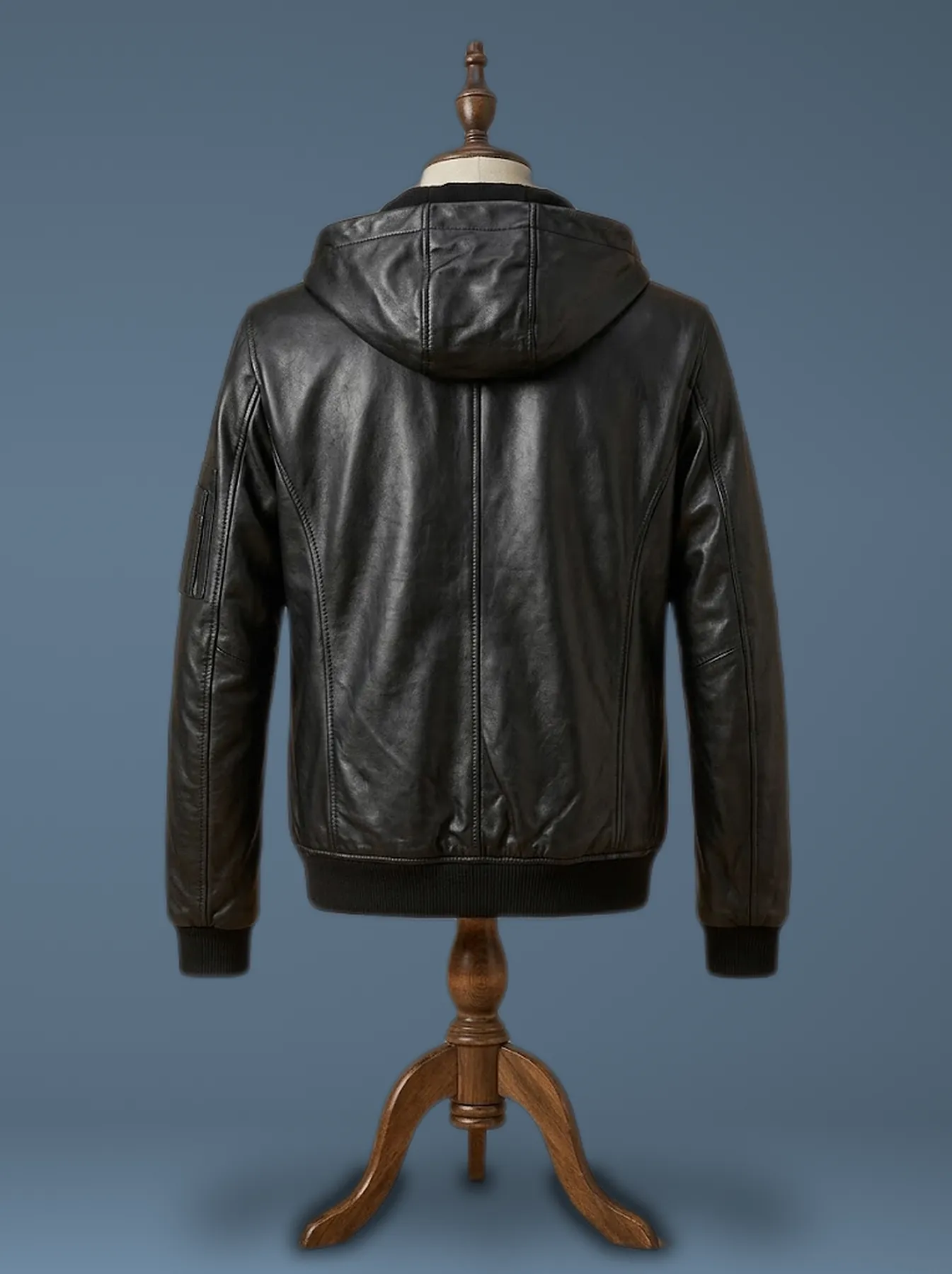 biker genuine leather hooded jacket back view