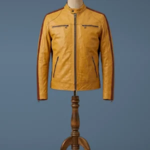 Men’s Biker Vintage Retro Cafe Racer Slim Fit Real Caramel Leather Jacket, front view