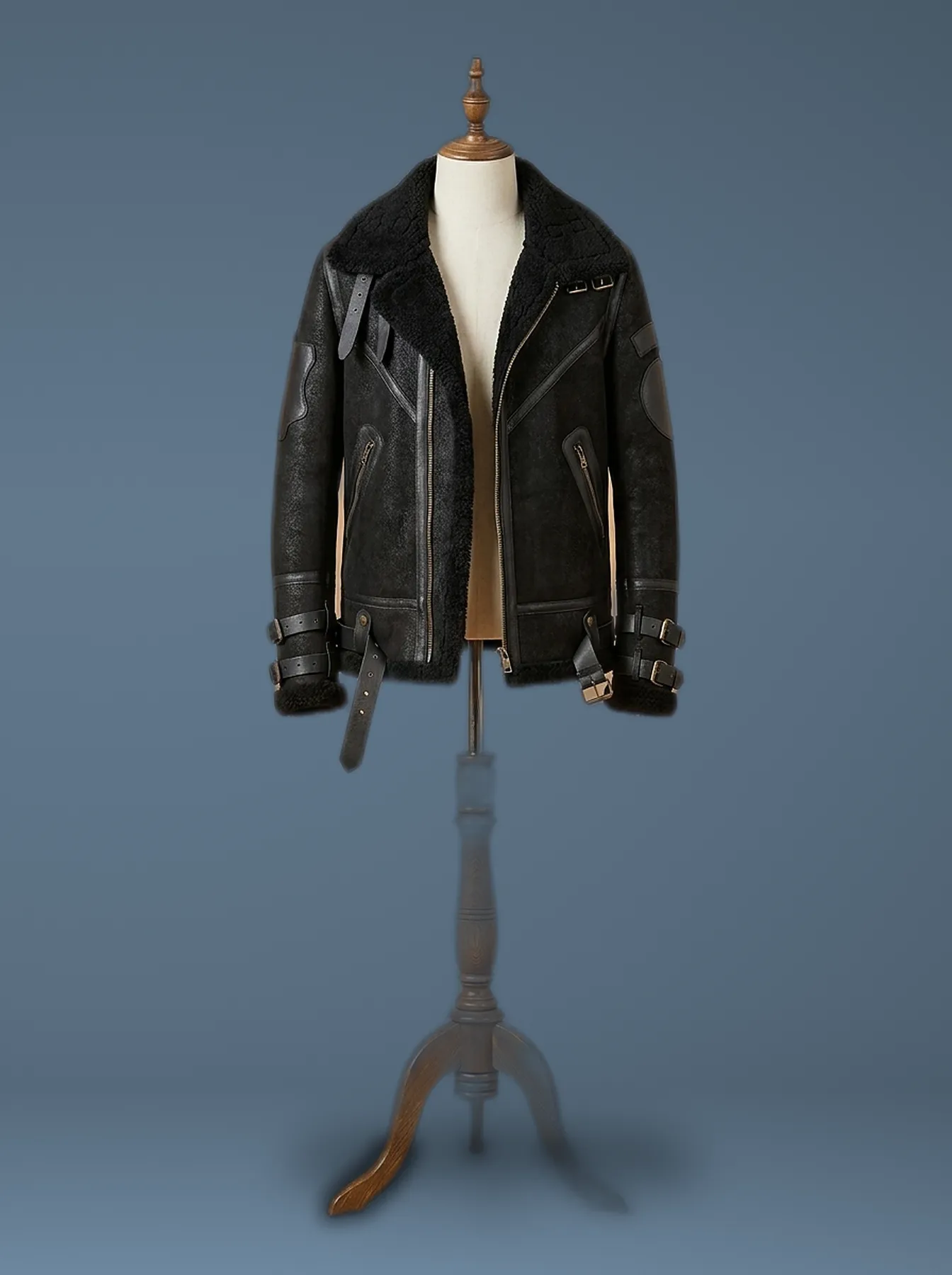 Men’s Black B3 RAF Aviator Bomber Fur Sheep Skin Leather Jacket, front view