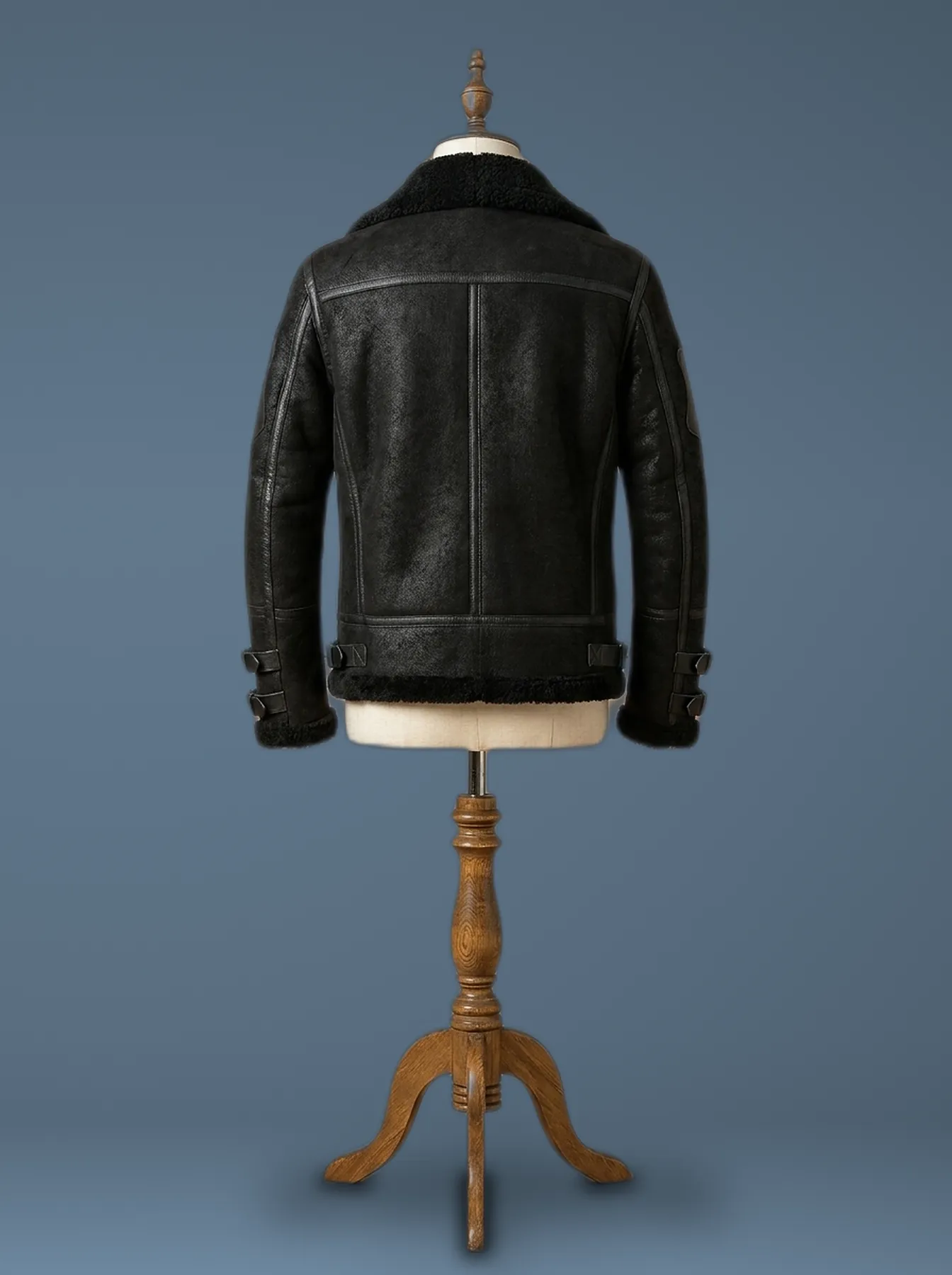Men’s Black B3 RAF Aviator Bomber Fur Sheep Skin Leather Jacket, back view