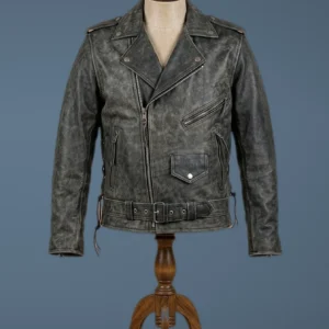 MENS BLACK DISTRESSED LEATHER MARLON BRANDO BIKER MOTORCYCLE LEATHER JACKET, front view