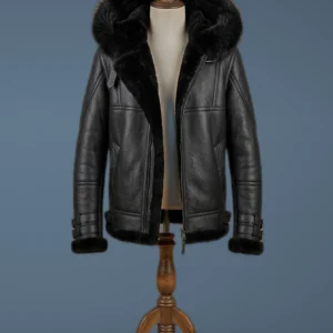 Men's Black Shearling Bomber Luxury Genuine Leather Hooded B3 Aviator Coat with Fox Fur, front view