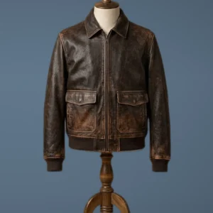 Mens Bomber A2 WWII Pilot Real Sheepskin SlimFit Vintage Distressed Brown Leather Jacket, front view