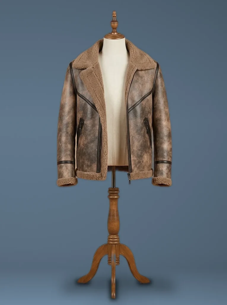 aviator real sheepskin shearling brown leather jacket front view