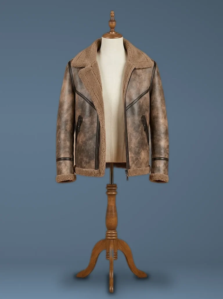 aviator real sheepskin shearling brown leather jacket front view