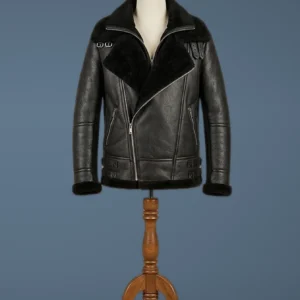 Men’s Bomber B6 Pilot Aviator Real Sheepskin Shearling Double Collar Black Leather Jacket, front view