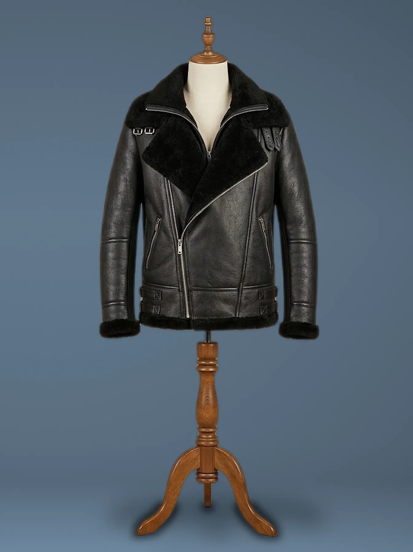 Men’s Bomber B6 Pilot Aviator Real Sheepskin Shearling Double Collar Black Leather Jacket, front view