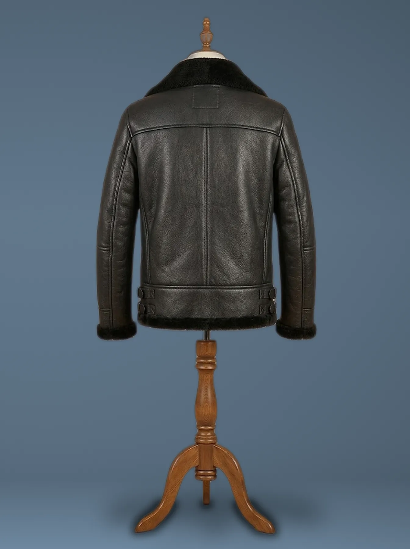 Men’s Bomber B6 Pilot Aviator Real Sheepskin Shearling Double Collar Black Leather Jacket, back view