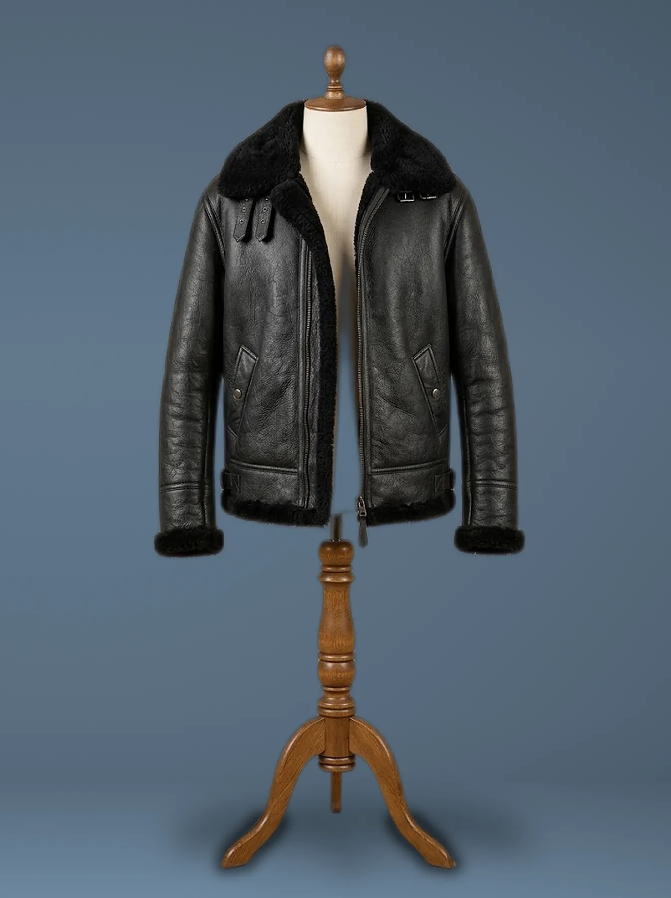 Men’s Bomber Black Aviator RAF B3 Shearling Fur Genuine Leather Jacket, front view