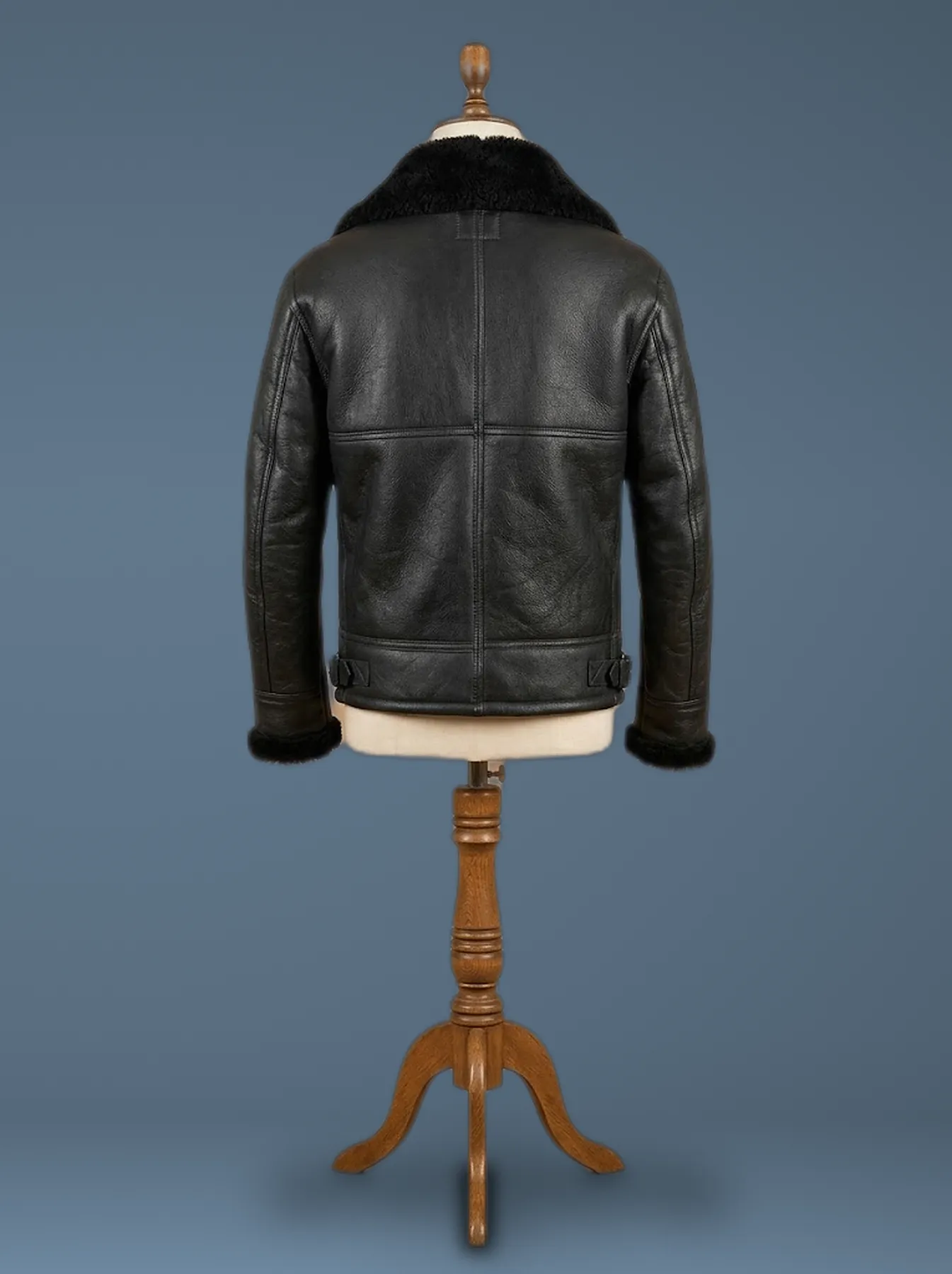 Men’s Bomber Black Aviator RAF B3 Shearling Fur Genuine Leather Jacket, back view