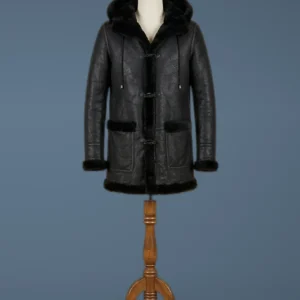 Men’s Bomber Pilot Aviator RAF Real Sheepskin Shearling Black Leather Duffle Safari Coat, front view