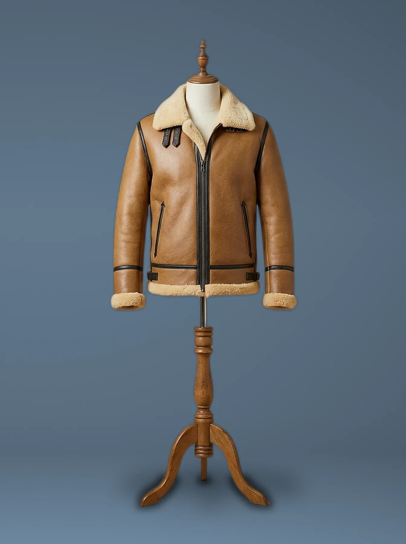 Men’s Bomber Pilot Aviator RAF Real Sheepskin Shearling Brown Leather Jacket, front view