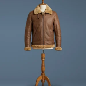 Men’s Bomber Pilot Aviator USAF Real Sheepskin Shearling Brown Leather Jacket, front view