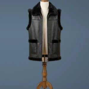 Men’s Bomber Real Sheepskin Shearling Pilot Aviator Black Leather Vest, front view