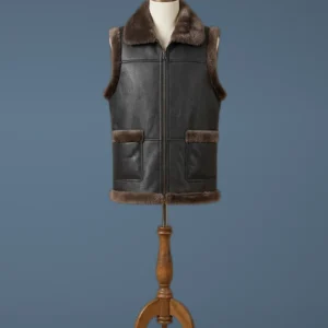 Men’s Bomber Real Sheepskin Shearling Pilot Aviator Brown Fur Black Leather Vest, front view