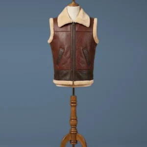 Men’s Bomber Real Sheepskin Shearling Pilot Aviator Brown Leather Vest, front view