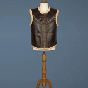 Men’s Bomber Real Sheepskin Shearling Pilot Aviator Dark Brown Leather Vest, front view