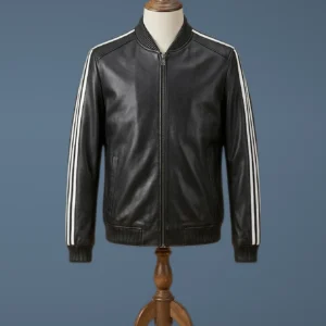 Men’s Bomber Real Sheepskin White Strips SlimFit Cafe Racer Black Leather Jacket, front view