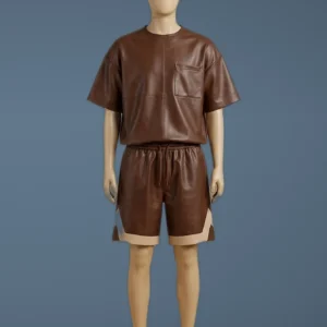 Men’s Brown Real Leather T-Shirt and Shorts Set, 2 Piece Casual Streetwear Outfit, front view