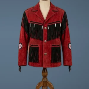 Men’s Cowboy Jacket Western Fringed Red Suede Leather Coat, front view