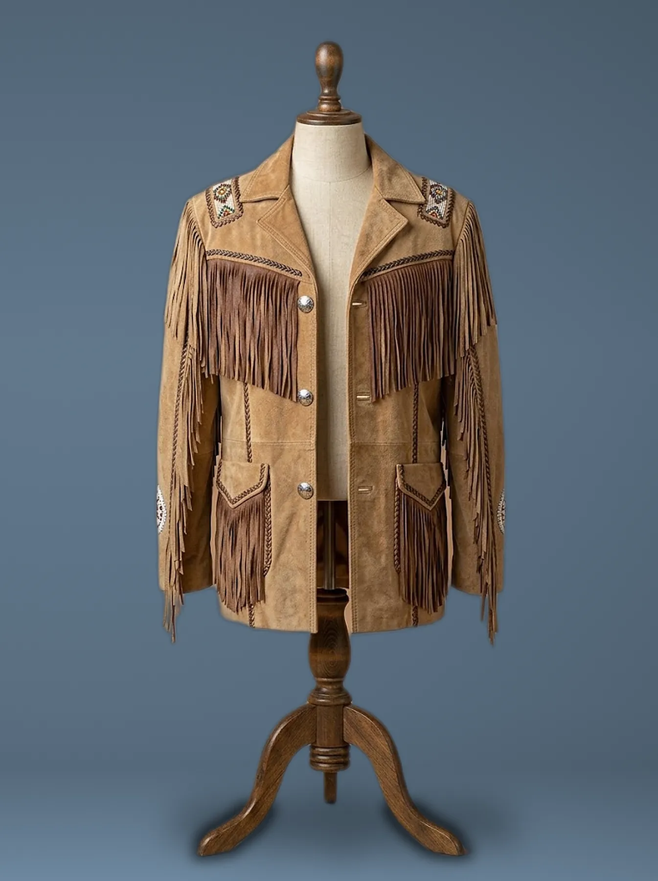 western fringed suede leather coat front view