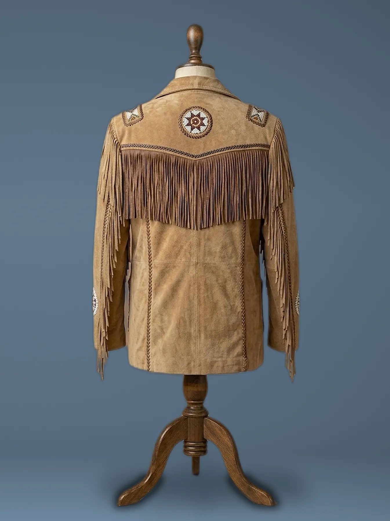 western fringed suede leather coat back view