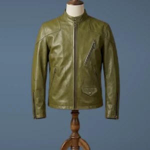 Men’s Motorcycle Real Leather Biker Vintage Slim Fit Cafe Racer Olive Green Jacket, front view