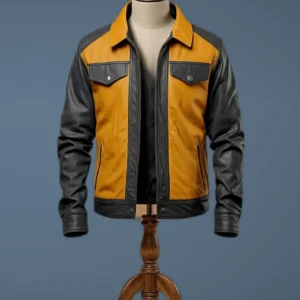 Men’s Mustard Charcoal Grey Real Sheepskin Classic Trucker Biker Leather Jacket, front view