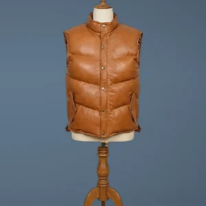 Men’s Puffer Leather Vest Genuine Sheepskin Warm Winter Padded Casual, front view
