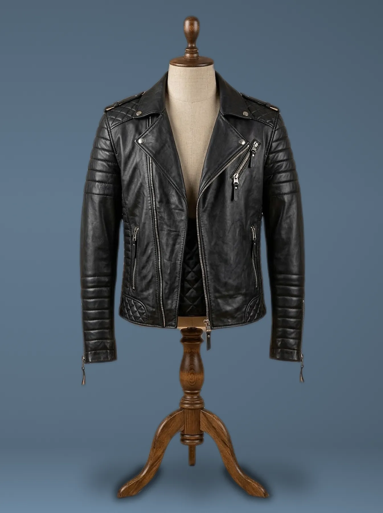 skin slim fit black leather jacket front view