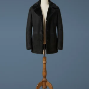 Men’s Vintage Black Real Fur Winter Coat Sheepskin Shearling Leather, front view