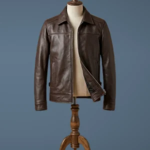 MEN’S VINTAGE BROWN MOTORCYCLE BIKER DISTRESSED GENUINE BROWN LEATHER JACKET, front view