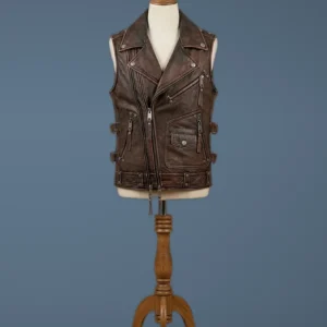 Men’s Vintage Brown Motorcycle Vest Cowhide Riding Sleeveless Jacket, front view