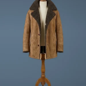 Men’s Vintage Brown Real Fur Winter Coat Sheepskin Shearling Leather, front view