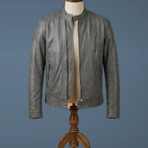 Men’s Vintage Cafe Racer Biker Real Grey Leather Jacket, front view