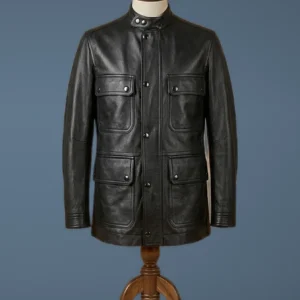 MEN’S VINTAGE SLIM FIT MOTORCYCLE BIKER CAFE RACER GENUINE BLACK LEATHER JACKET, front view