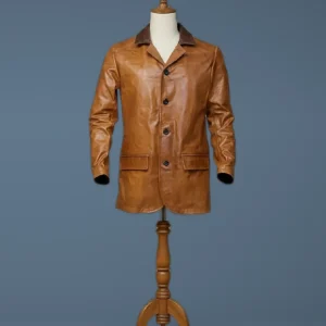 Men’s Western Brown Vintage Waxed Sheriff Cowboy Real Leather Jacket Coat, front view