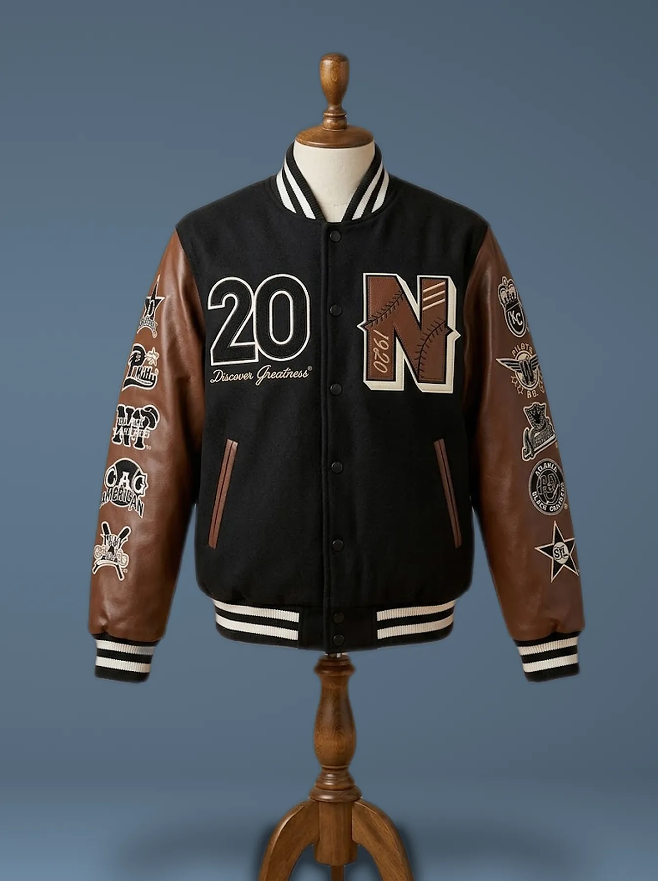 Negro League Baseball S9 Black Varsity Jacket Bomber, front view