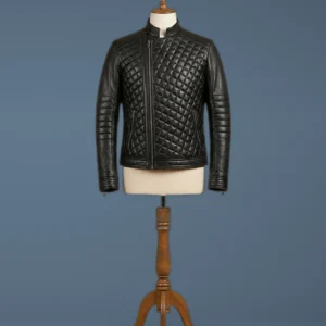 New Men’s Quilted Lambskin Motorcycle Biker Black Leather Jacket, front view