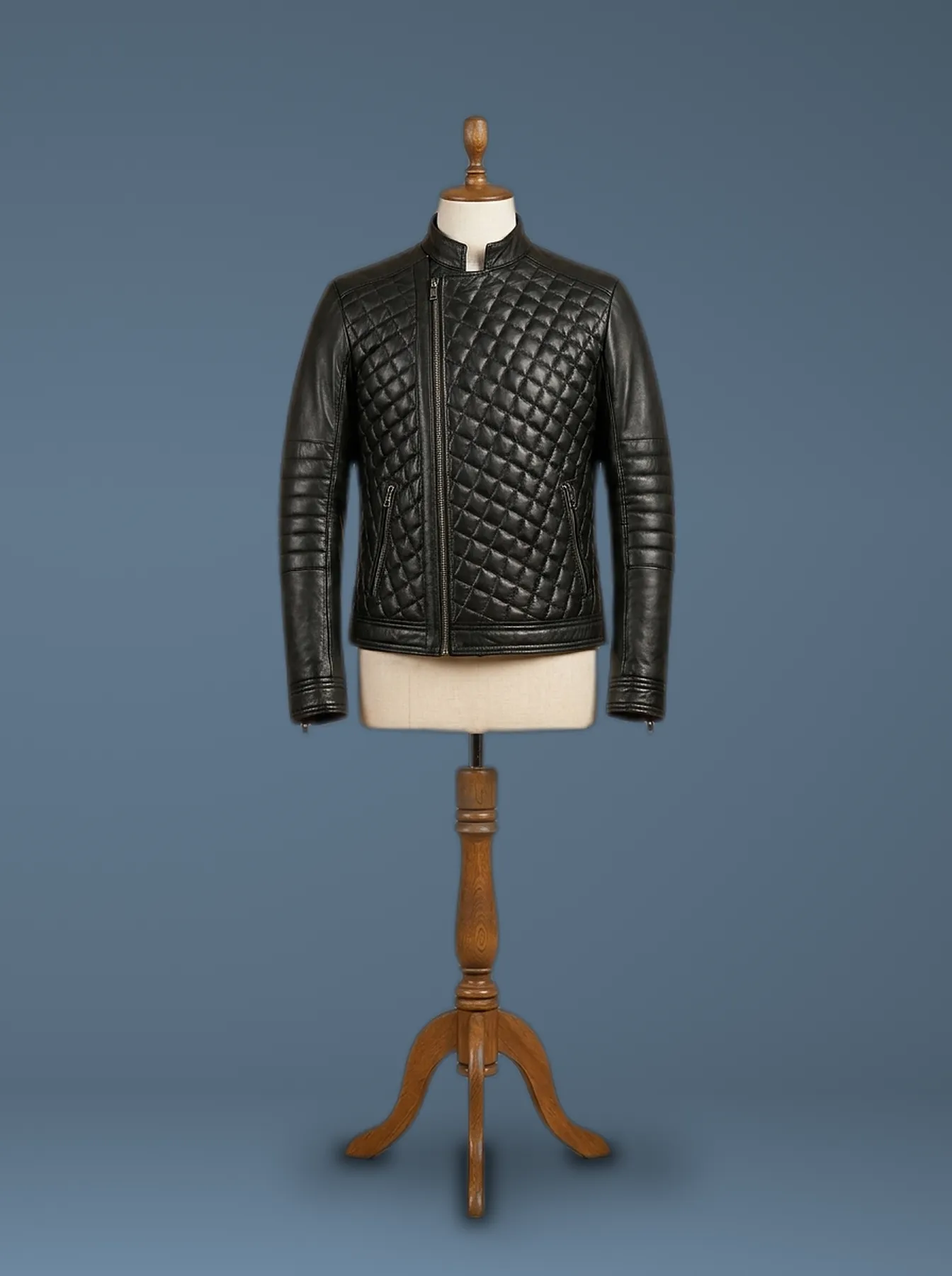 New Men’s Quilted Lambskin Motorcycle Biker Black Leather Jacket, front view