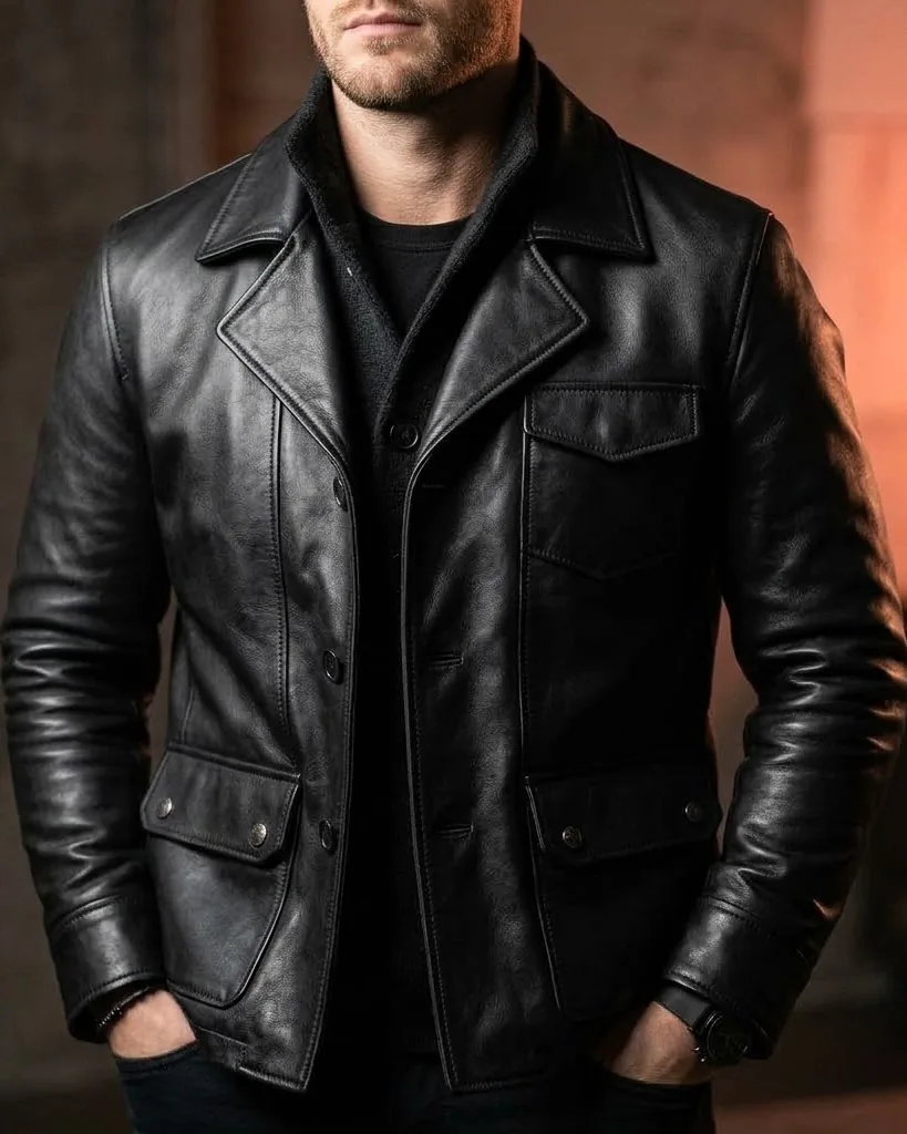 Black leather jacket with a notch collar, button front and flap pockets
