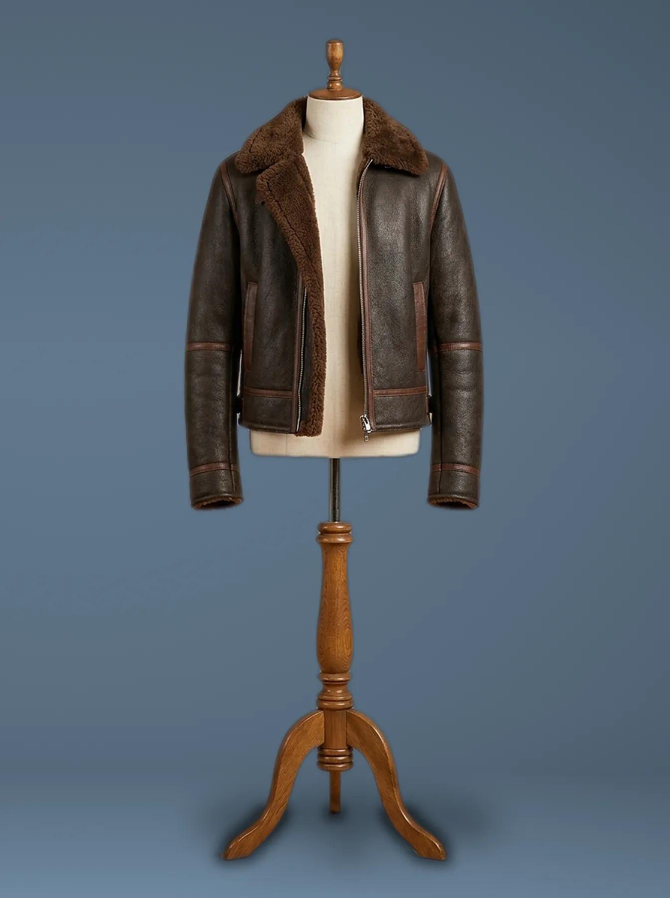 real sheepskin shearling brown leather jacket front view