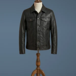 Premium Men’s Genuine Pebbled Black Leather Trucker Jacket, front view