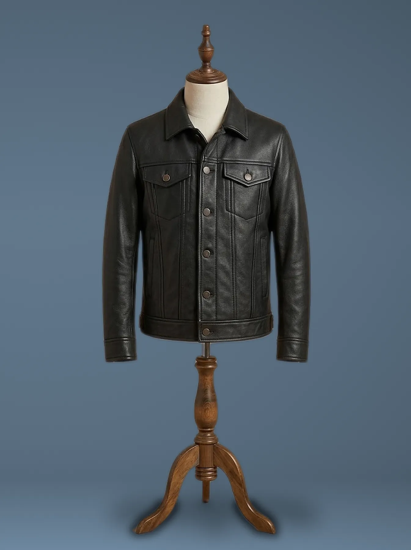 Premium Men’s Genuine Pebbled Black Leather Trucker Jacket, front view