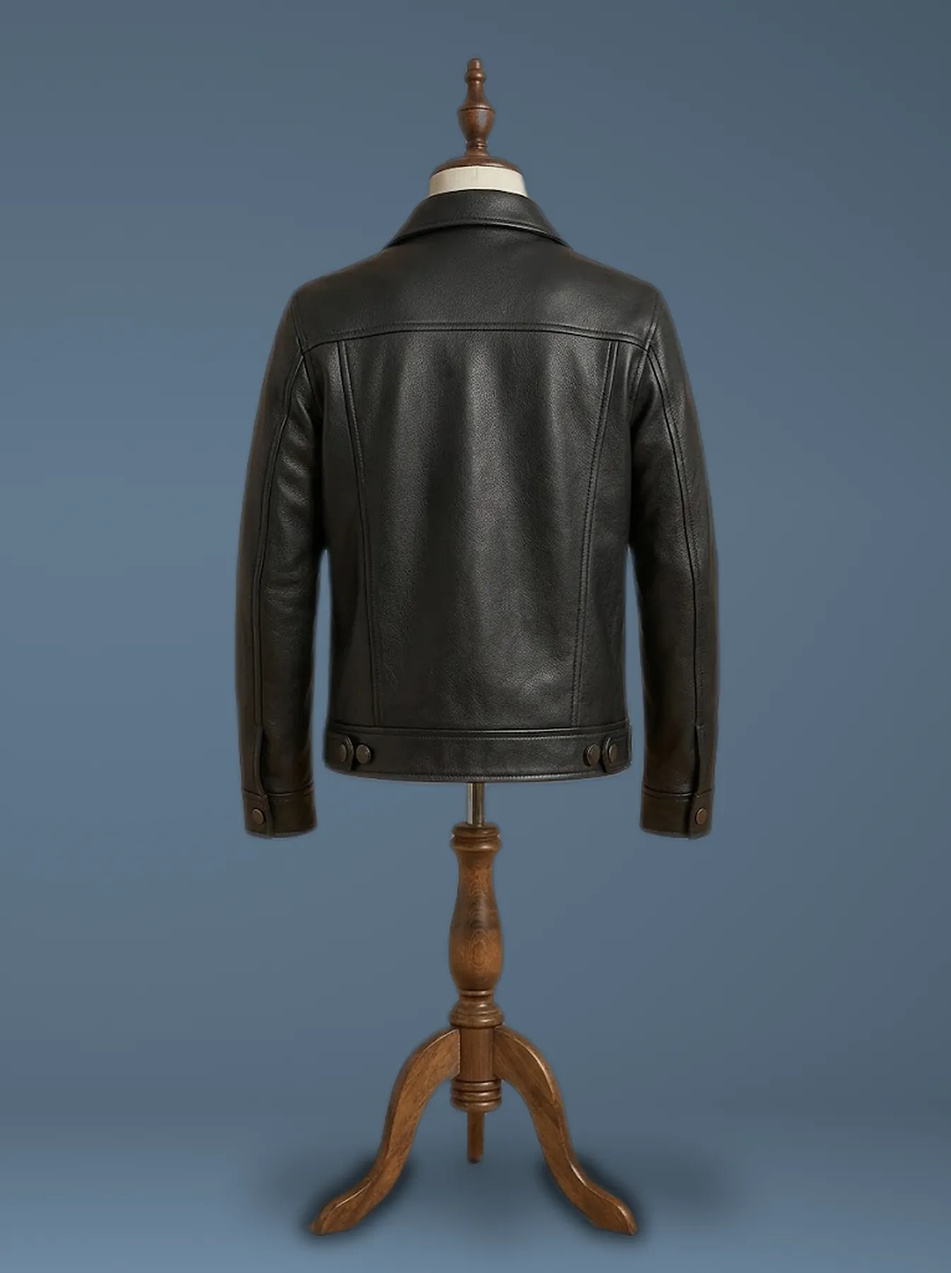 Premium Men’s Genuine Pebbled Black Leather Trucker Jacket, back view