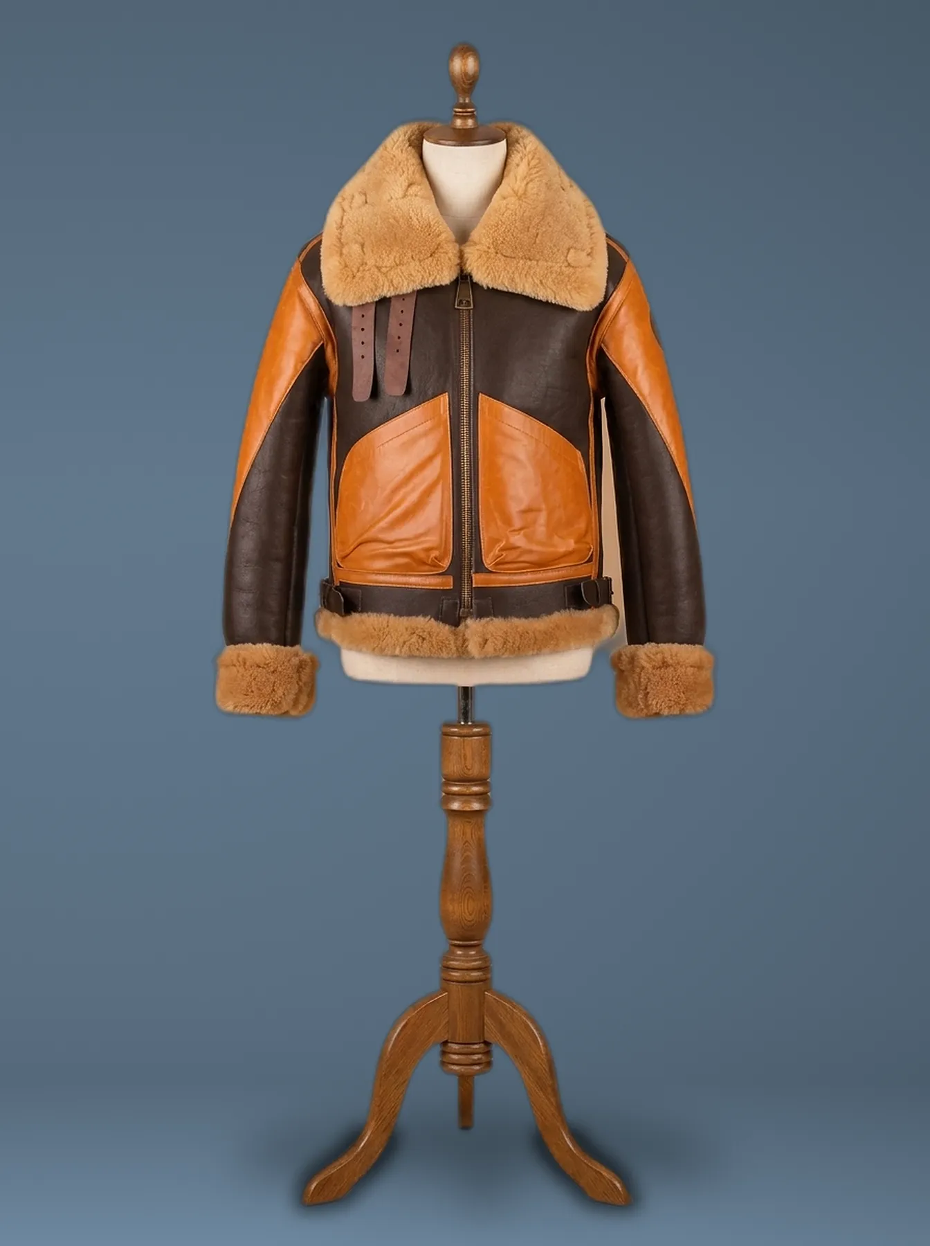 RAF Men’s B3 Brown Sheepskin Bomber Shearling Two Tone Real Leather Jacket, front view