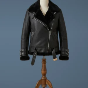 Reacher S02 Serinda Swan Shearling Black Leather Jacket, front view