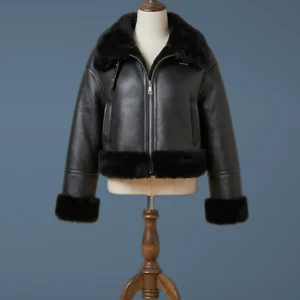 Women B3 Bomber Flight Winter Pilot Real Sheepskin Shearling Black Leather Jacket, front view