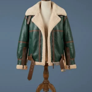 Women B6 Bomber Aviator Flying Real fur Sheepskin Shearling Green Leather Jacket, front view