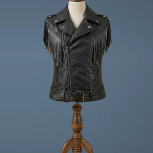 Women Biker Cafe Racer Slim fit Fringes Brando Motorcycles Black Leather Vest, front view